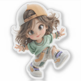 陽気なキャップの女の子 - プレミアムちびキャラアートステッカー シール
