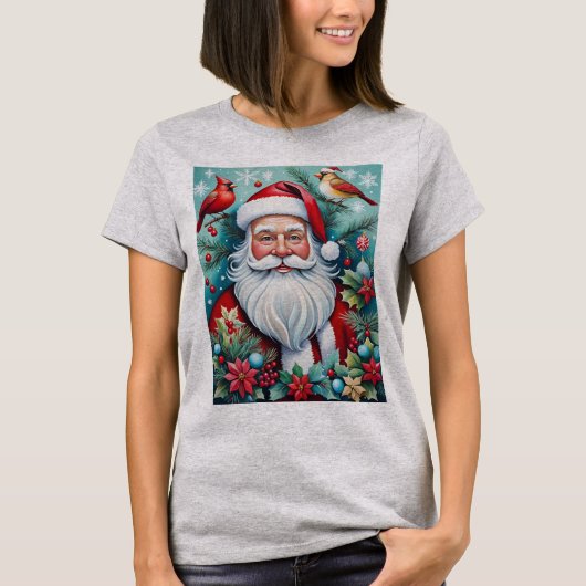 陽気なクリスマスのサンタクロースとカーディナル Tシャツ (正面)