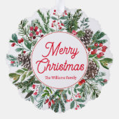 陽気なクリスマスの休日の緑の赤いスクリプト オーナメントカード (裏面)