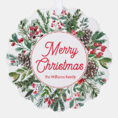 陽気なクリスマスの休日の緑の赤いスクリプト オーナメントカード (正面)