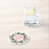 陽気なクリスマスの冬の緑の赤いスクリプト緑 ラウンドペーパーコースター (インサイチュ)