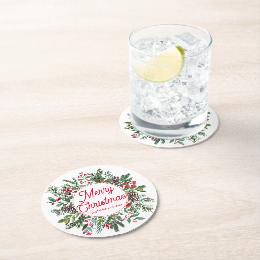 陽気なクリスマスの冬の緑の赤いスクリプト緑 ラウンドペーパーコースター (インサイチュ)