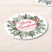 陽気なクリスマスの冬の緑の赤いスクリプト緑 ラウンドペーパーコースター (アングル)