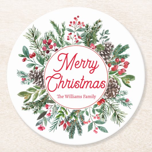 陽気なクリスマスの冬の緑の赤いスクリプト緑 ラウンドペーパーコースター (正面)