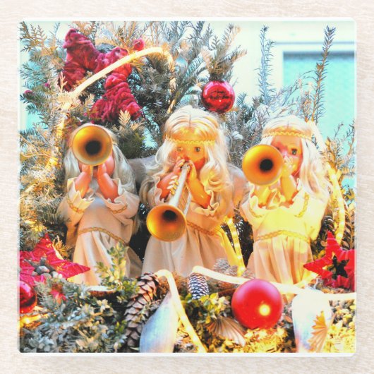 陽気なクリスマスの天使のラッパ ガラスコースター (正面)