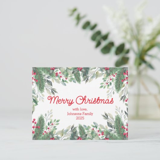 陽気なクリスマスの水の色の緑の果実が赤 ポストカード (スタンド正面)