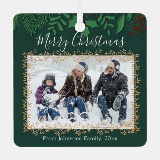 陽気なクリスマスの緑の休日の写真グリーン メタルオーナメント (正面)