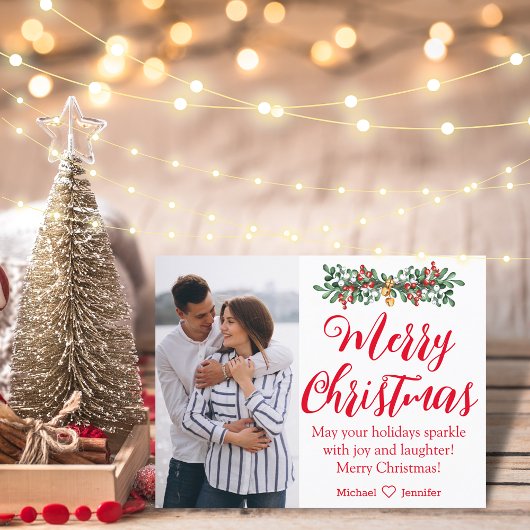 陽気なクリスマスの赤い手書きの新婚の写真 ポストカード