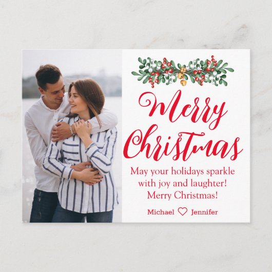 陽気なクリスマスの赤い手書きの新婚の写真 ポストカード (正面)