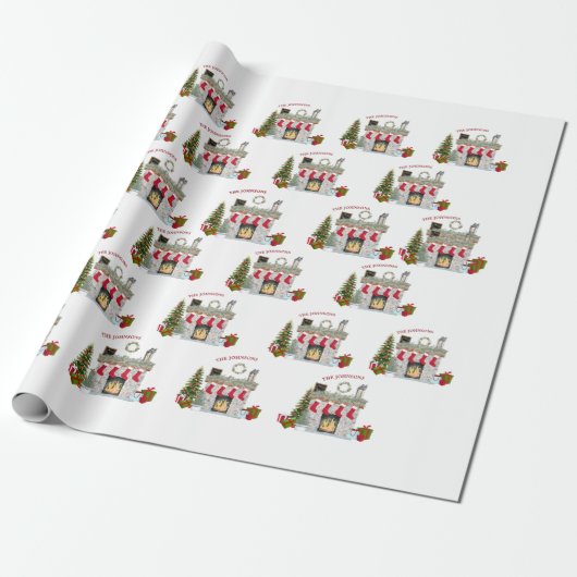 陽気なクリスマスシーン暖炉の家族の名前 ラッピングペーパー (アンロールド)