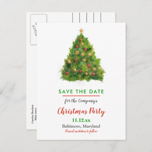陽気なクリスマスツリー|の冬休みのパーティー 案内ポストカード (正面/裏面)
