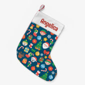 陽気なクリスマスパターンを青に スモールクリスマスストッキング (正面 (吊り時))