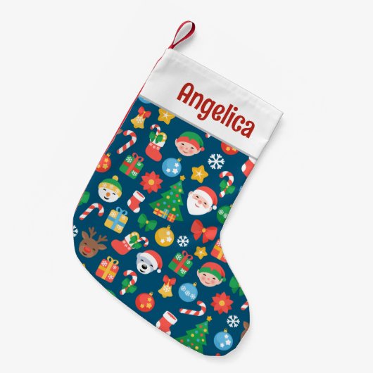 陽気なクリスマスパターンを青に スモールクリスマスストッキング (正面 (吊り時))