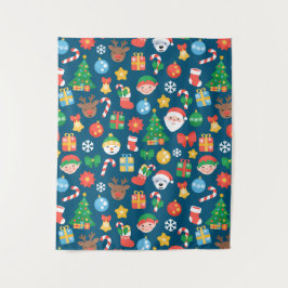 陽気なクリスマスパターンを青に タペストリー