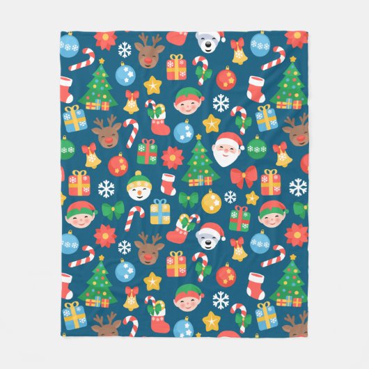 陽気なクリスマスパターンを青に フリースブランケット (正面)