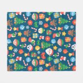 陽気なクリスマスパターンを青に フリースブランケット (正面(横))