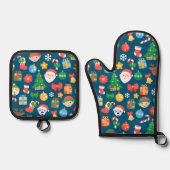 陽気なクリスマスパターンを青に 鍋つかみ&鍋敷きセット (正面)