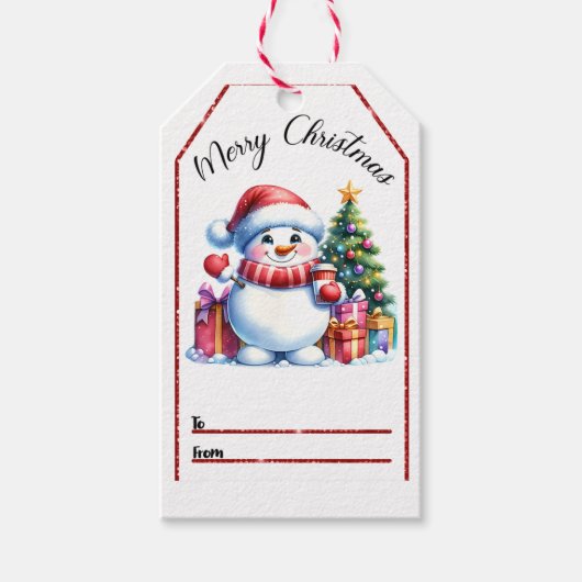 陽気なクリスマスラベルと雪だるまと贈り物 ギフトタグ (正面)