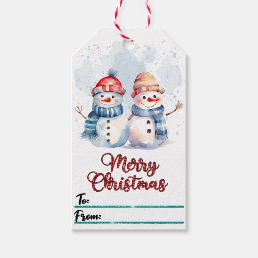 陽気なクリスマスラベルと雪だるま ギフトタグ (正面)
