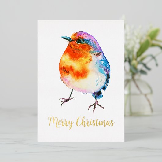 陽気なクリスマスロビンの水の色カスタマイズ可能 箔シーズンカード (立ち正面)