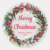 陽気なクリスマスヴィンテージリース雪の赤 ラウンドシール (正面)