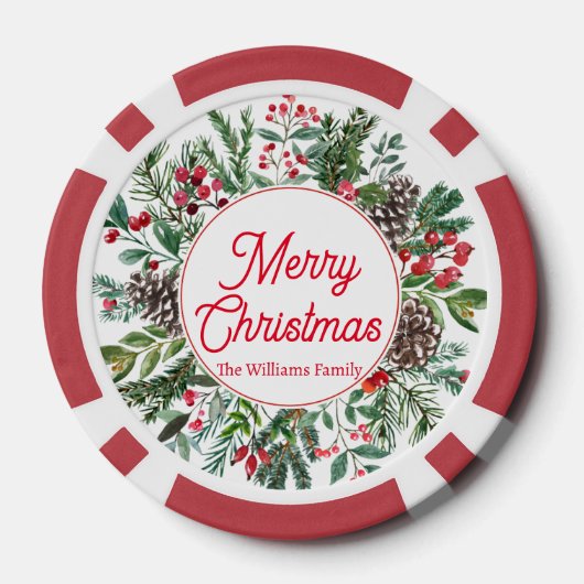 陽気なクリスマス冬の緑の赤いスクリプトクラシック ポーカーチップ (裏面)