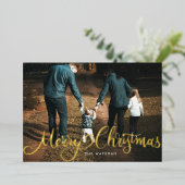 陽気なクリスマス金ゴールドの大きな手の写真 箔シーズンカード (立ち正面)