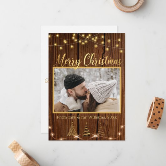 陽気なクリスマス金ゴールド素朴な木の休日の写真 ノートカード (正面/裏面インサイチュ)