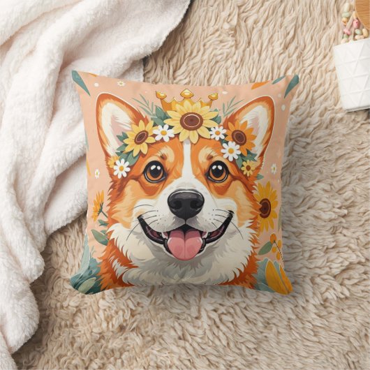 陽気なコルギの犬の冠デイジーとヒマワリ クッション (ブランケット)
