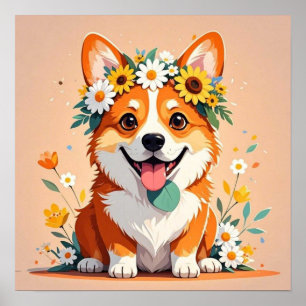 陽気なコルギの犬の冠デイジーとヒマワリ ポスター