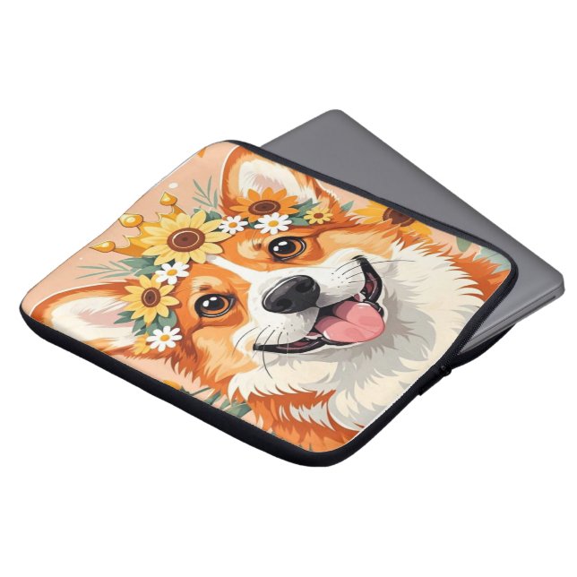 陽気なコルギの犬の冠デイジーとヒマワリ ラップトップスリーブ (正面上部)