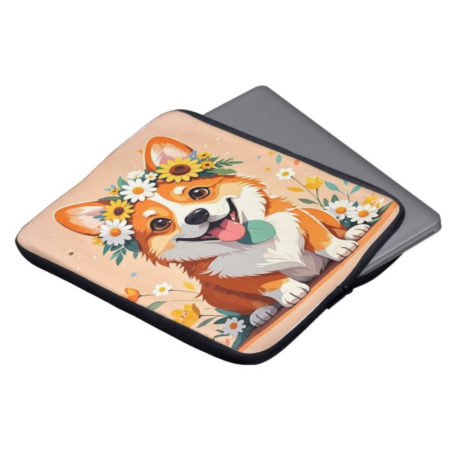 陽気なコルギの犬の冠デイジーとヒマワリ ラップトップスリーブ (正面上部)