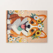 陽気なコーギー犬のデイジーとひまわりの王冠 ジグソーパズル (横)