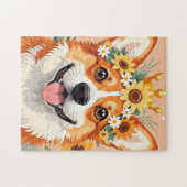 陽気なコーギー犬のデイジーとひまわりの王冠 ジグソーパズル (横)