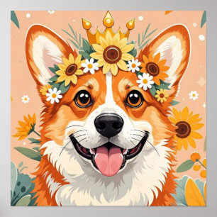 陽気なコーギー犬のデイジーとひまわりの王冠 ポスター