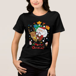 陽気なサンタとトナカイの星のメリークリスマスTシャツ トライブレンドTシャツ