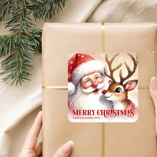 陽気なサンタとルドルフのカスタムクリスマスラベル スクエアシール