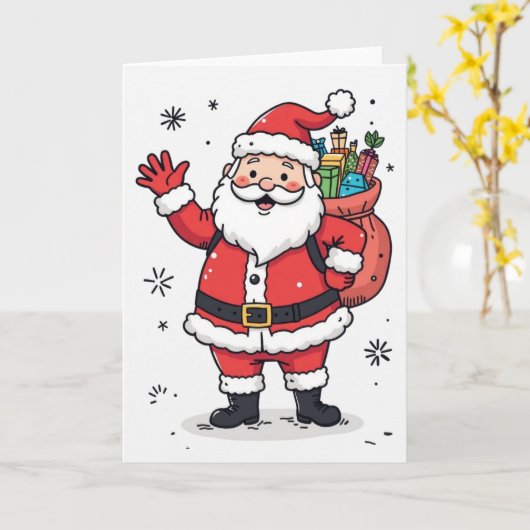 陽気なサンタのクリスマスカード - 内部は白紙のホリデー カード (黄色い花)