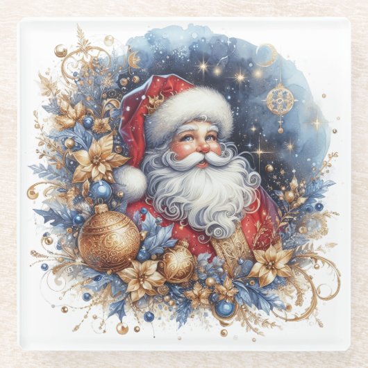 陽気なサンタクロースとクリスマス ガラスコースター (正面)