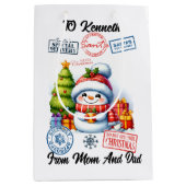 陽気なサンタサックウィズフェスティバルホリデー雪だるま ミディアムペーパーバッグ (正面)