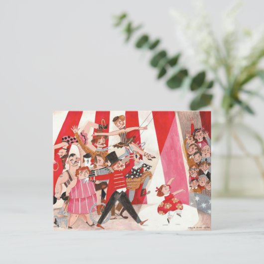 陽気なサーカス赤ピンクの黒のプリフォーミングアートガール ポストカード (スタンド正面)