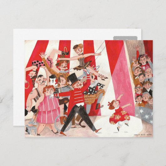 陽気なサーカス赤ピンクの黒のプリフォーミングアートガール ポストカード (正面/裏面)