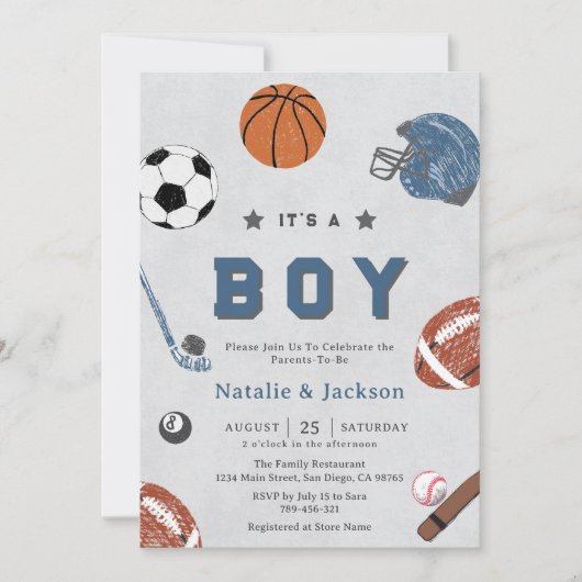 陽気なスポーツテーマ男の赤ちゃんシャワー招待状 招待状 (正面)