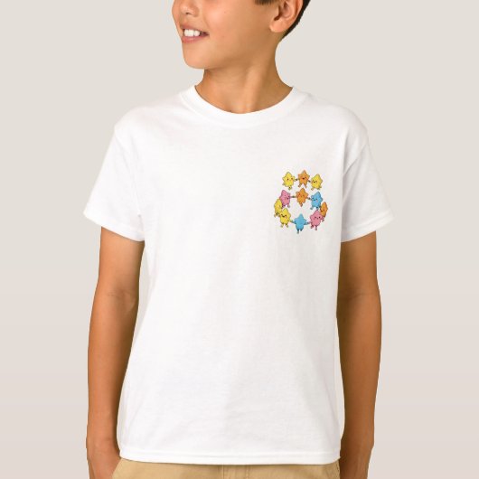 陽気なダンスをするカラフルな星の友達 キッズ Tシャツ (正面)