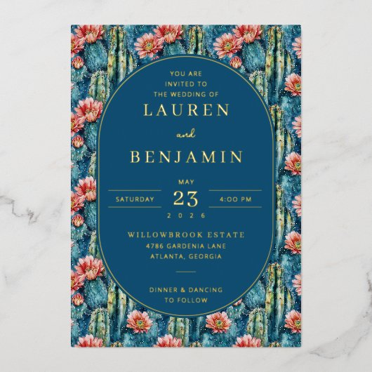 陽気なネイビー ボタニカル サボテンと花 箔招待状 (正面)