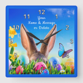 陽気なバニー、ラッパスイセンのパーソナライズなイースター時計 スクエア壁時計