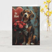 陽気なビーグルバレンタインデーとバラハート カード (黄色い花)