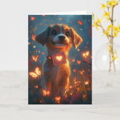 陽気なビーグル犬のバレンタインデー ハートの花 カード (黄色い花)