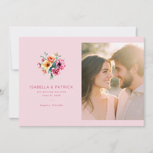 陽気なピンクの花の写真 セーブザデート (正面)