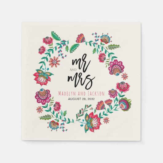 陽気なフォーク数々のの花結婚色の紙プラン スタンダードカクテルナプキン (正面)